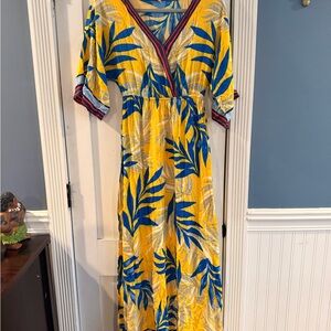 Flying Tomato Yellow Maxi Dress with Bold Blue Leaf Print